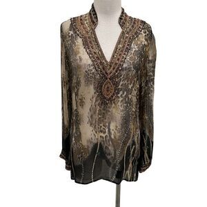 Kay Celine Women's Animal Print 100% Silk Beaded Sheer Tunic Cover-up Brown XL